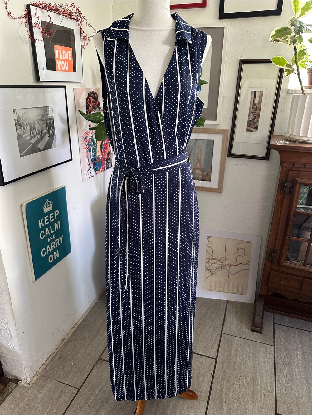 L'Academie Navy & White Striped Polka Dot Sleeveless Maxi Dress Medium